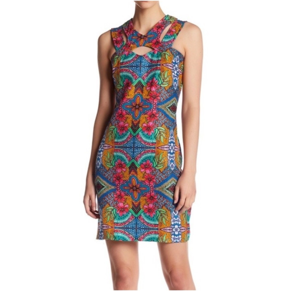 Taylor Multi-Color‎ Geometric Floral Cut-Out Sheath Unique Bodycon Dress 14 NEW